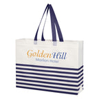 Horizontal Stripe Recycled Tote Bag, Non-Woven - White with Navy - Colorbrite
