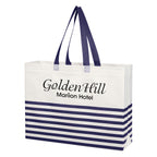 Horizontal Stripe Recycled Tote Bag, Non-Woven - White with Navy - Silk Screen