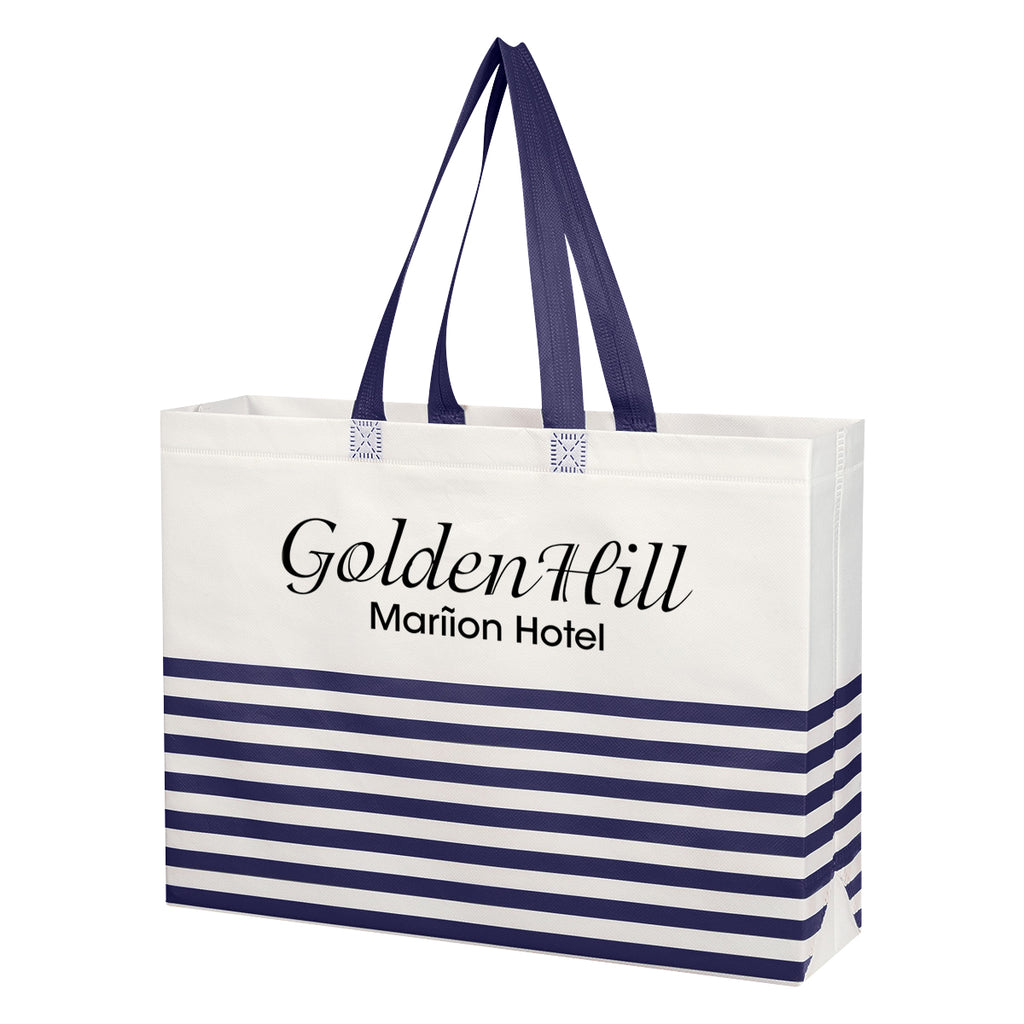 Horizontal Stripe Recycled Tote Bag, Non-Woven - White with Navy - Silk Screen
