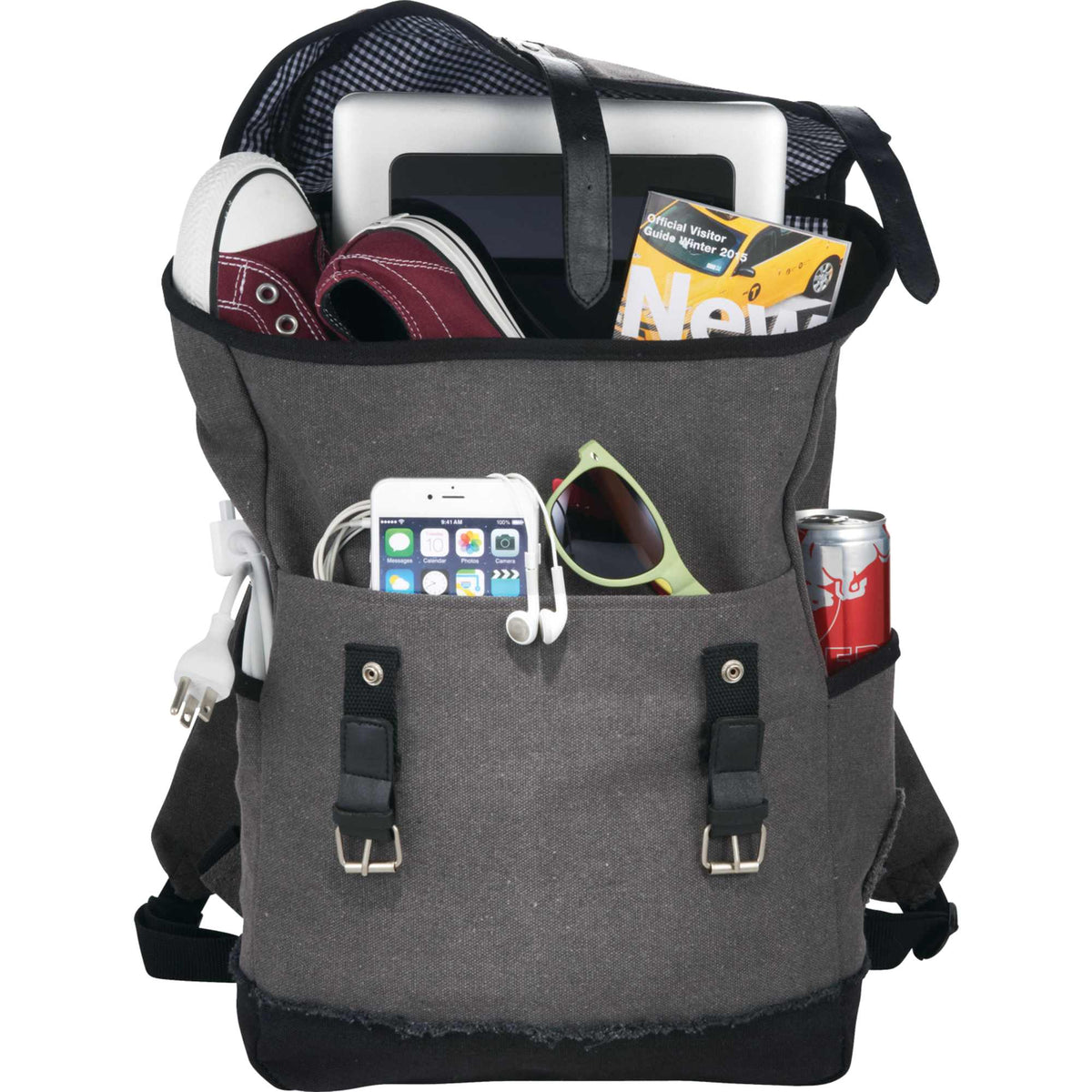 Hudson Canvas Laptop Backpack with Gingham Lining, 15.6 Inch - Gray - Front 2