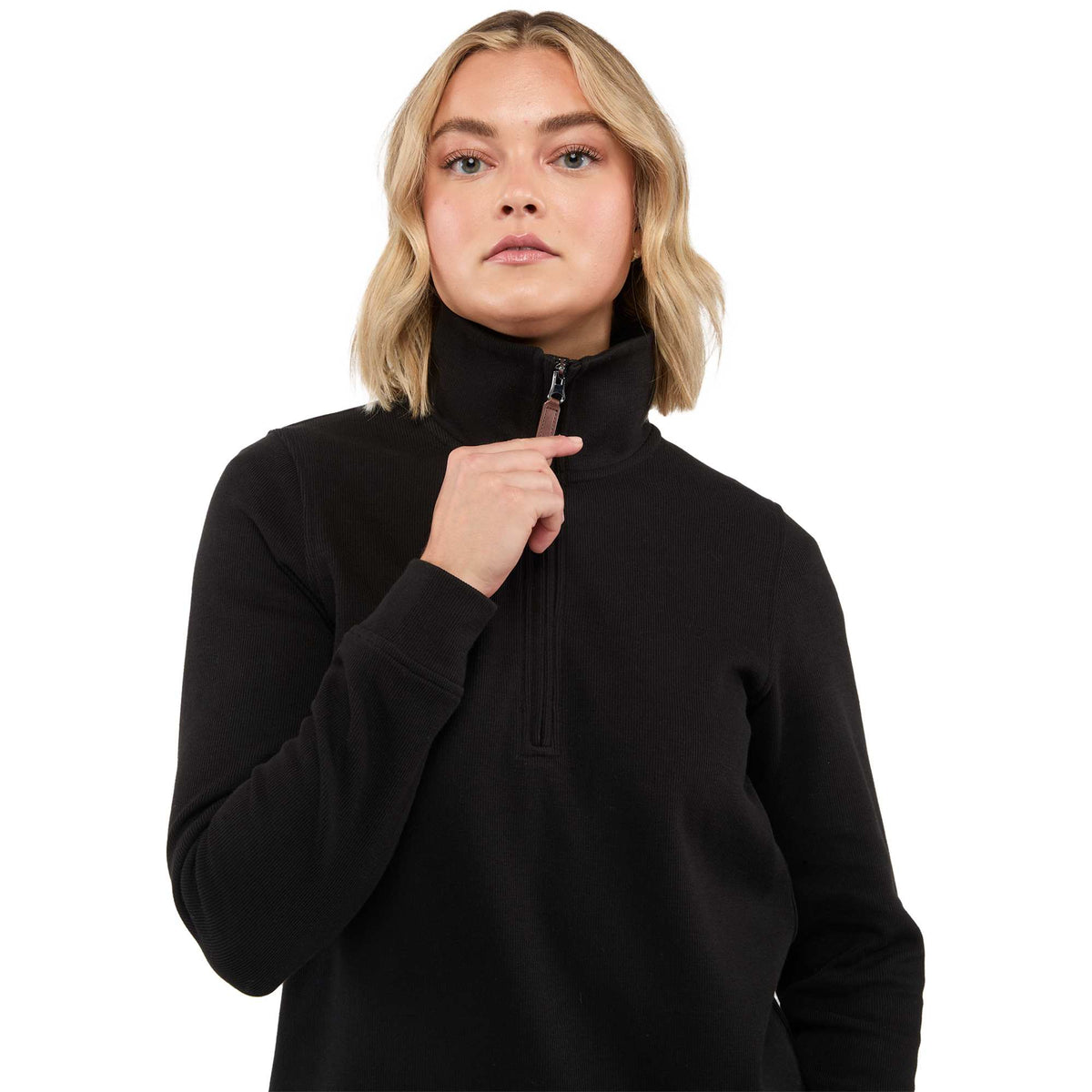 Hudson Ribbed Half Zip Sweater for Women Embroidery - Black - Detail Front