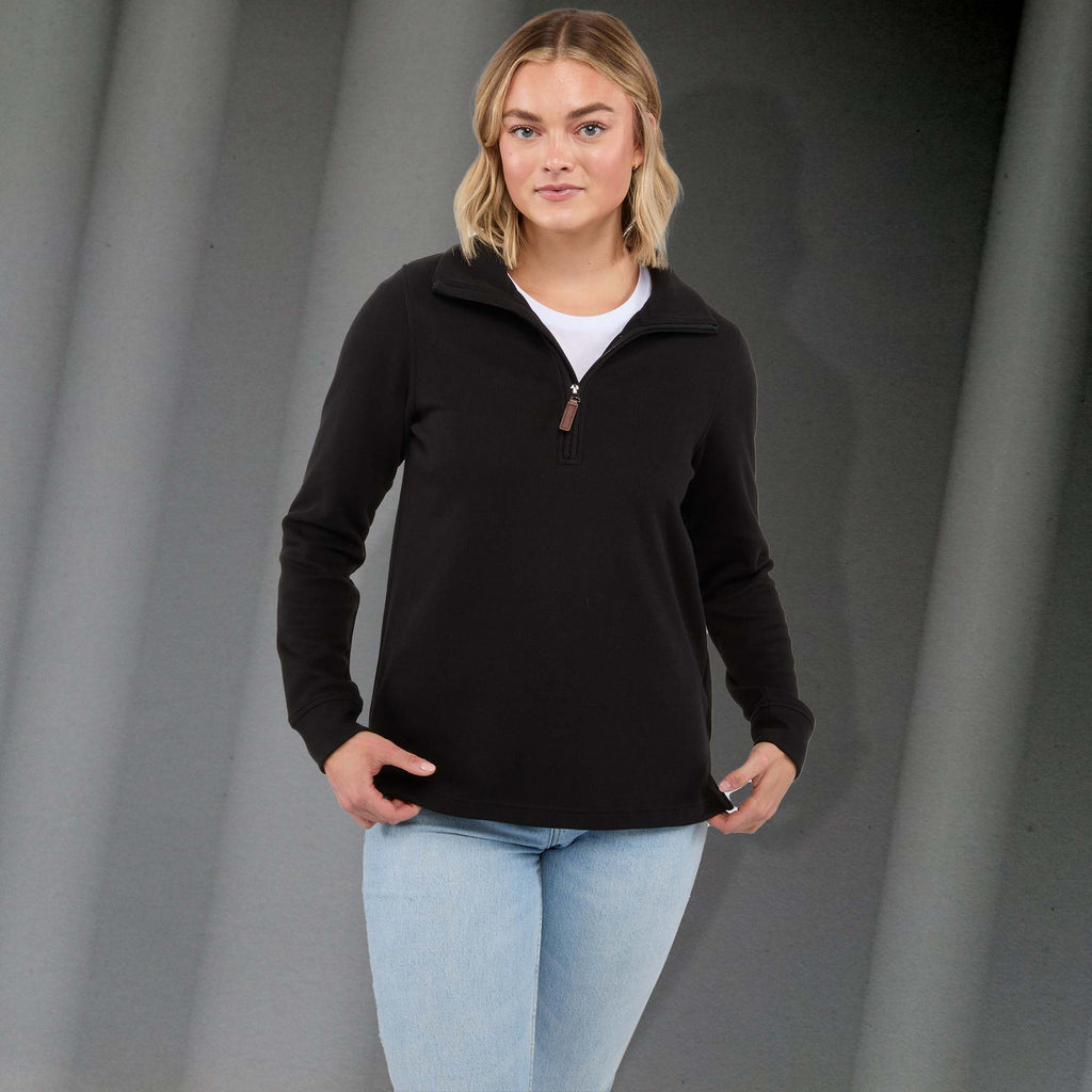Hudson Ribbed Half Zip Sweater for Women Embroidery - Black - Front On Model 2