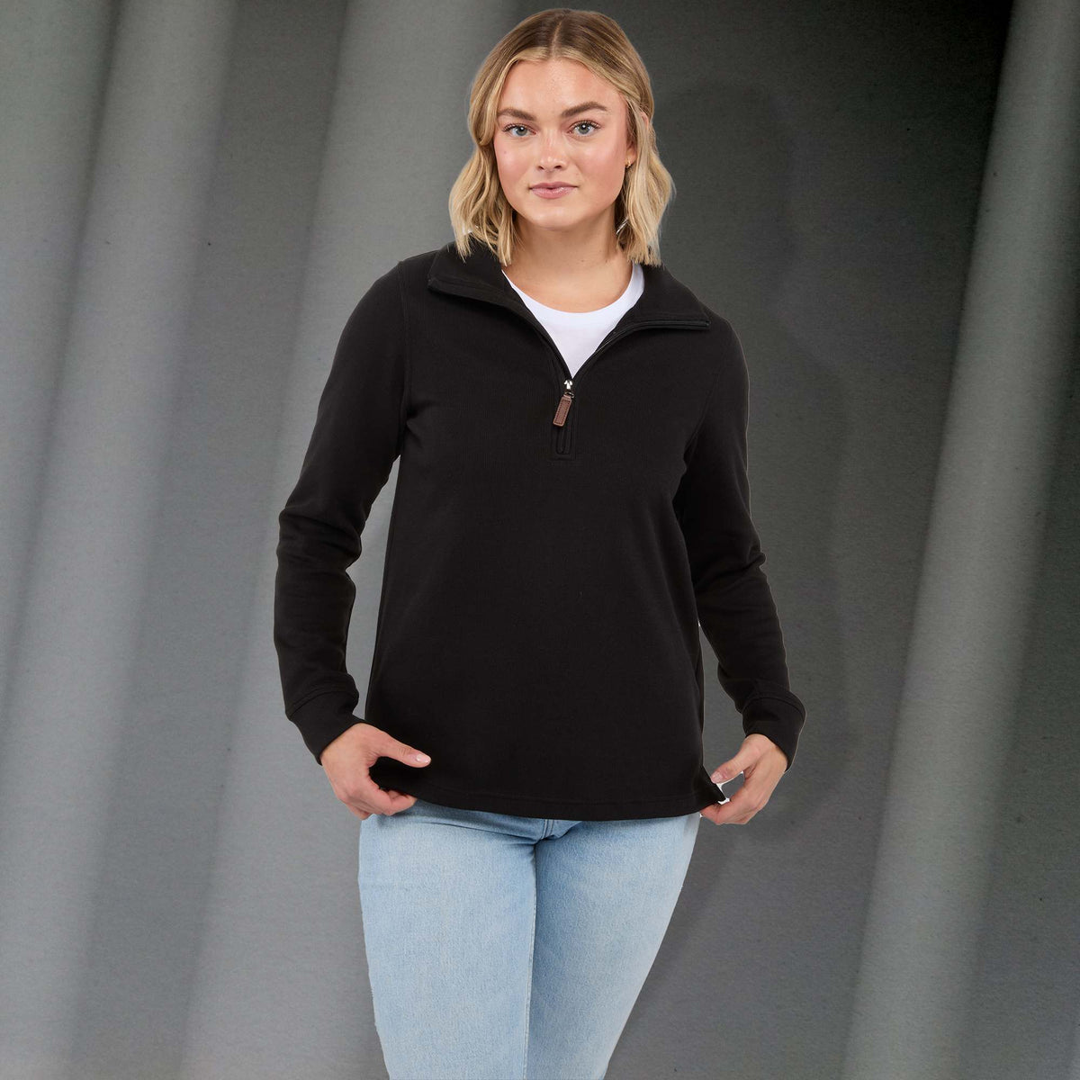 Hudson Ribbed Half Zip Sweater for Women Embroidery - Black - Front On Model 2