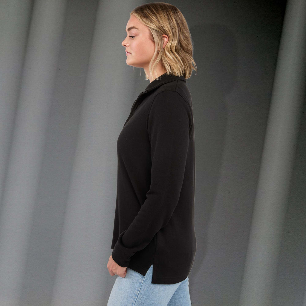 Hudson Ribbed Half Zip Sweater for Women Embroidery - Black - Left Side On Model 2