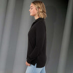 Hudson Ribbed Half Zip Sweater for Women Embroidery - Black - Left Side On Model 2