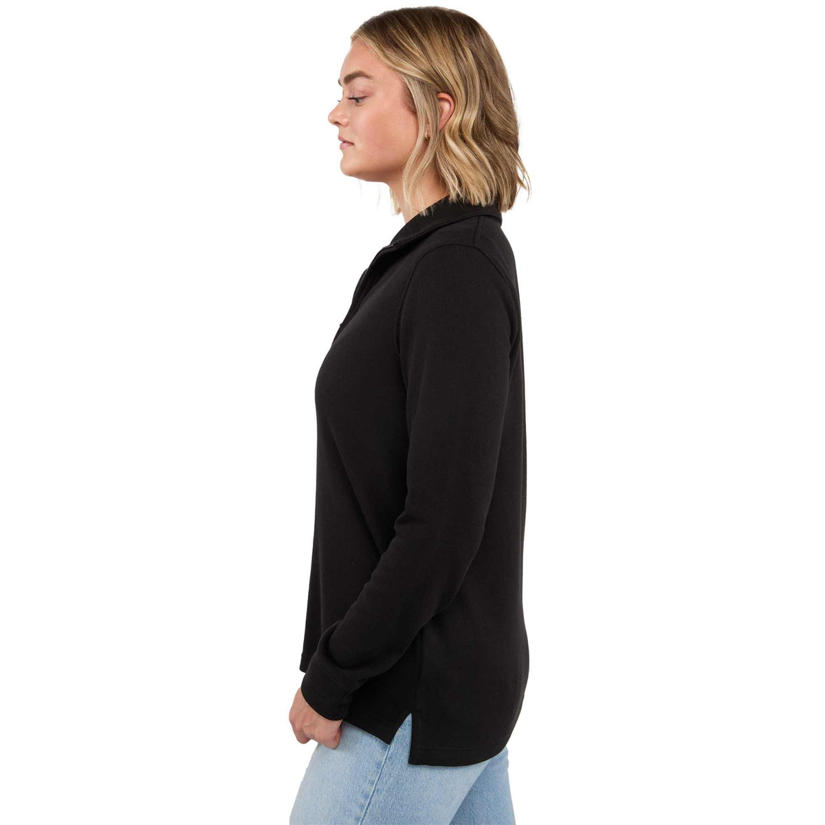 Hudson Ribbed Half Zip Sweater for Women Embroidery - Black - Left Side On Model