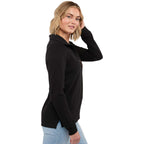 Hudson Ribbed Half Zip Sweater for Women Embroidery - Black - Right Side On Model