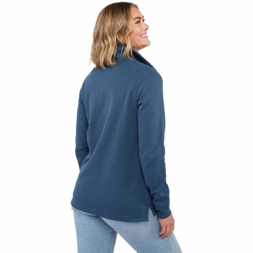 Hudson Ribbed Half Zip Sweater for Women Embroidery - Denim - Back On Model