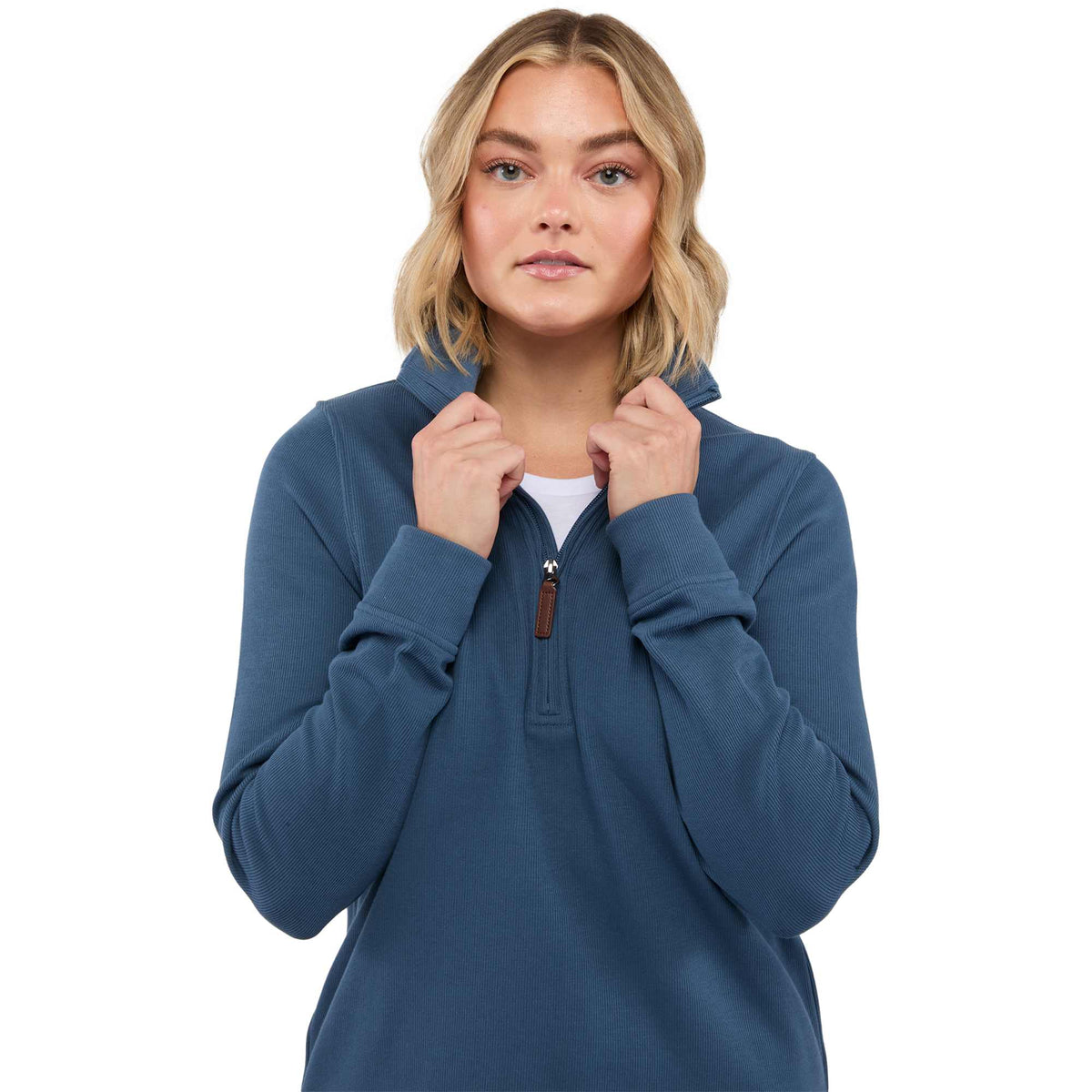 Hudson Ribbed Half Zip Sweater for Women Embroidery - Denim - Front Detail On Model