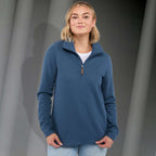 Hudson Ribbed Half Zip Sweater for Women Embroidery - Denim - Front On Model 2