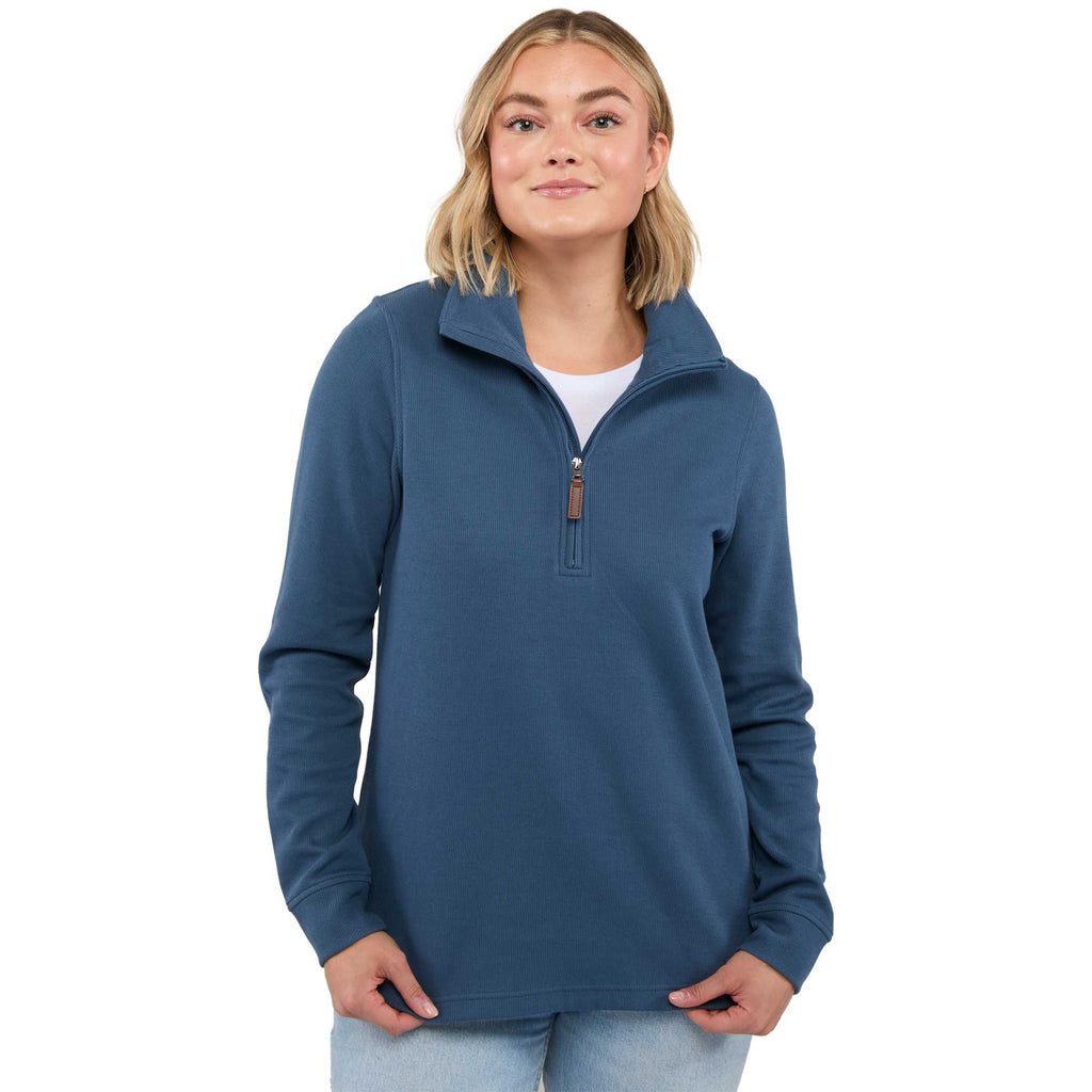 Hudson Ribbed Half Zip Sweater for Women Embroidery - Denim - Front On Model
