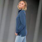 Hudson Ribbed Half Zip Sweater for Women Embroidery - Denim - Left Side On Model 2
