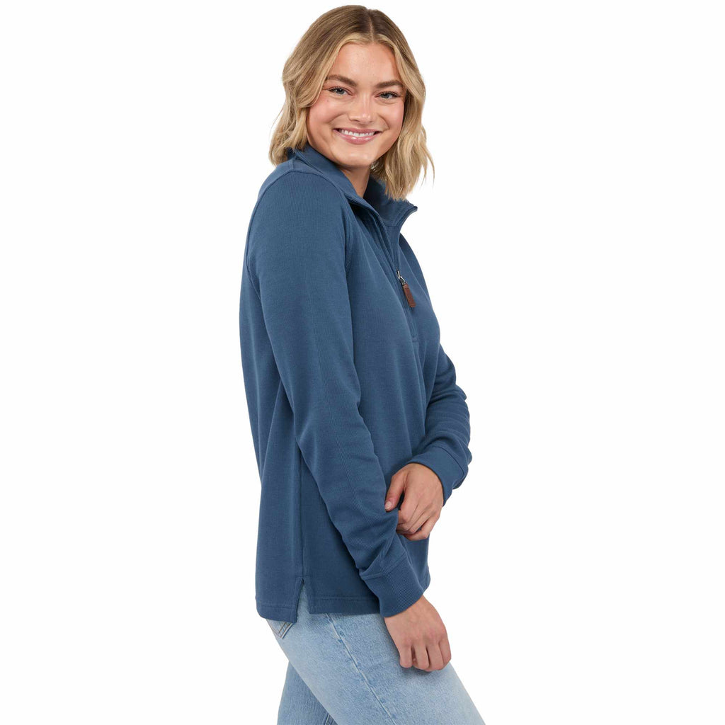 Hudson Ribbed Half Zip Sweater for Women Embroidery - Denim - Right Side On Model