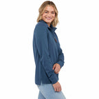 Hudson Ribbed Half Zip Sweater for Women Embroidery - Denim - Right Side On Model