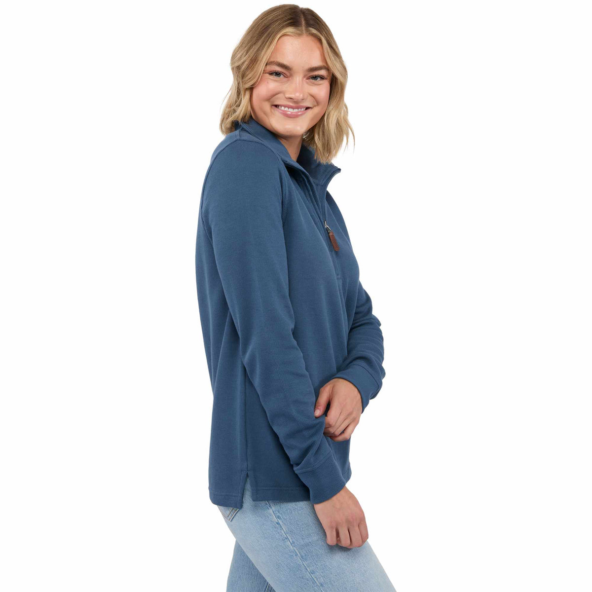 Hudson Ribbed Half Zip Sweater for Women Embroidery - Denim - Right Side On Model