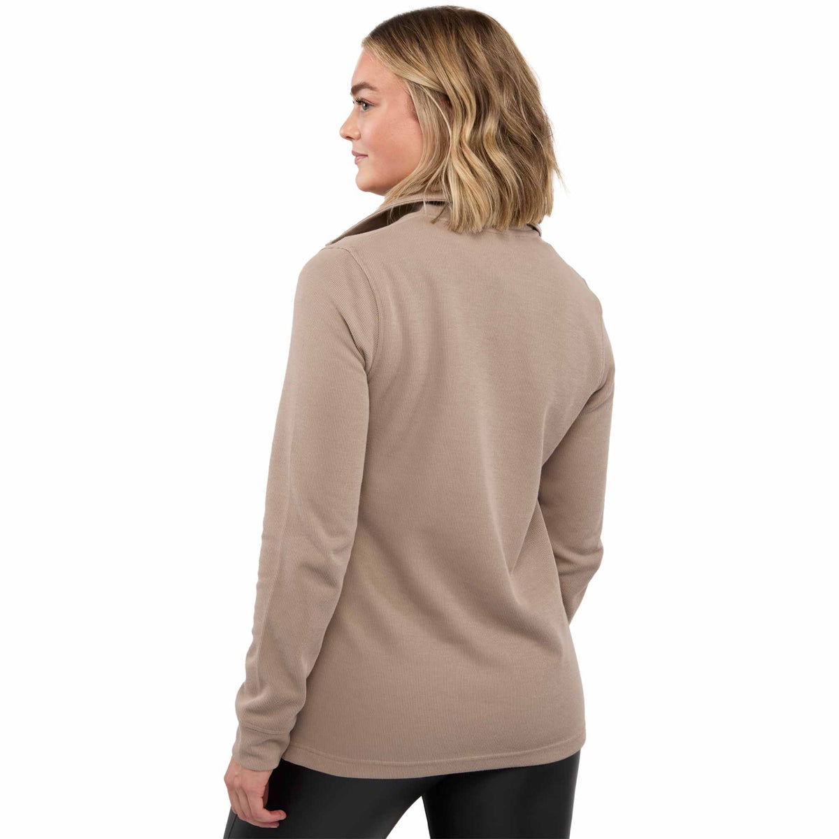 Hudson Ribbed Half Zip Sweater for Women Embroidery - Tan - Back On Model