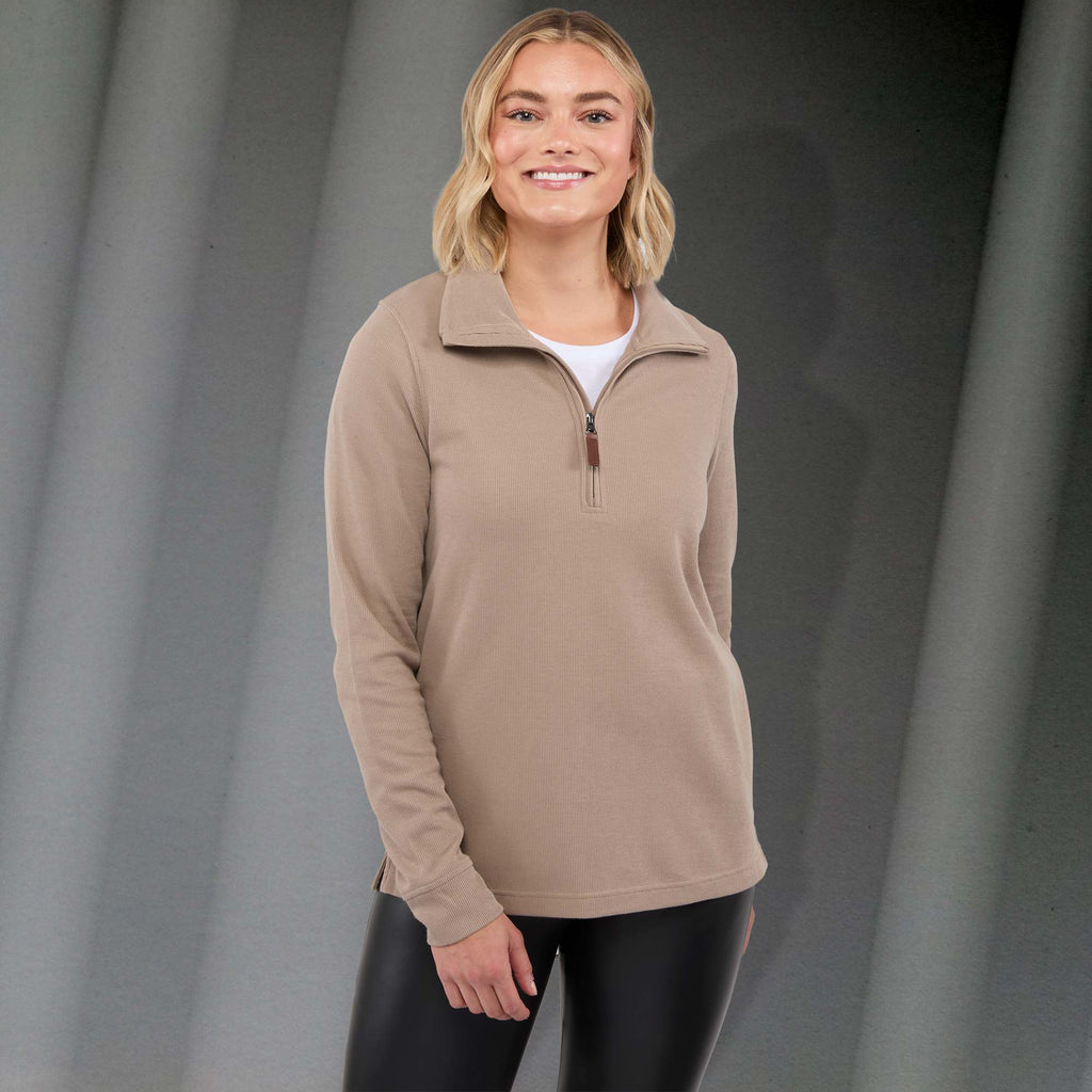 Hudson Ribbed Half Zip Sweater for Women Embroidery - Tan - Front On Model 2