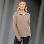 Hudson Ribbed Half Zip Sweater for Women Embroidery - Tan - Front On Model 2