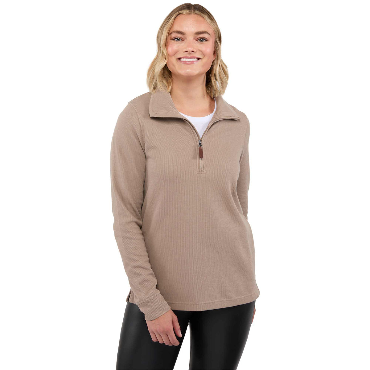 Hudson Ribbed Half Zip Sweater for Women Embroidery - Tan - Front On Model