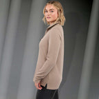 Hudson Ribbed Half Zip Sweater for Women Embroidery - Tan - Left Side On Model 2