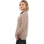 Hudson Ribbed Half Zip Sweater for Women Embroidery - Tan - Left Side On Model