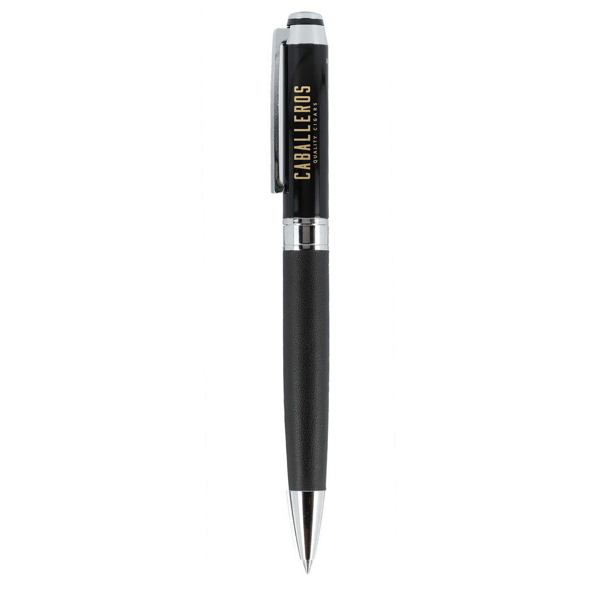 Hyde Capped Gel Pen in Recycled Brass and Leather Laser Engraving - Black - Left Side