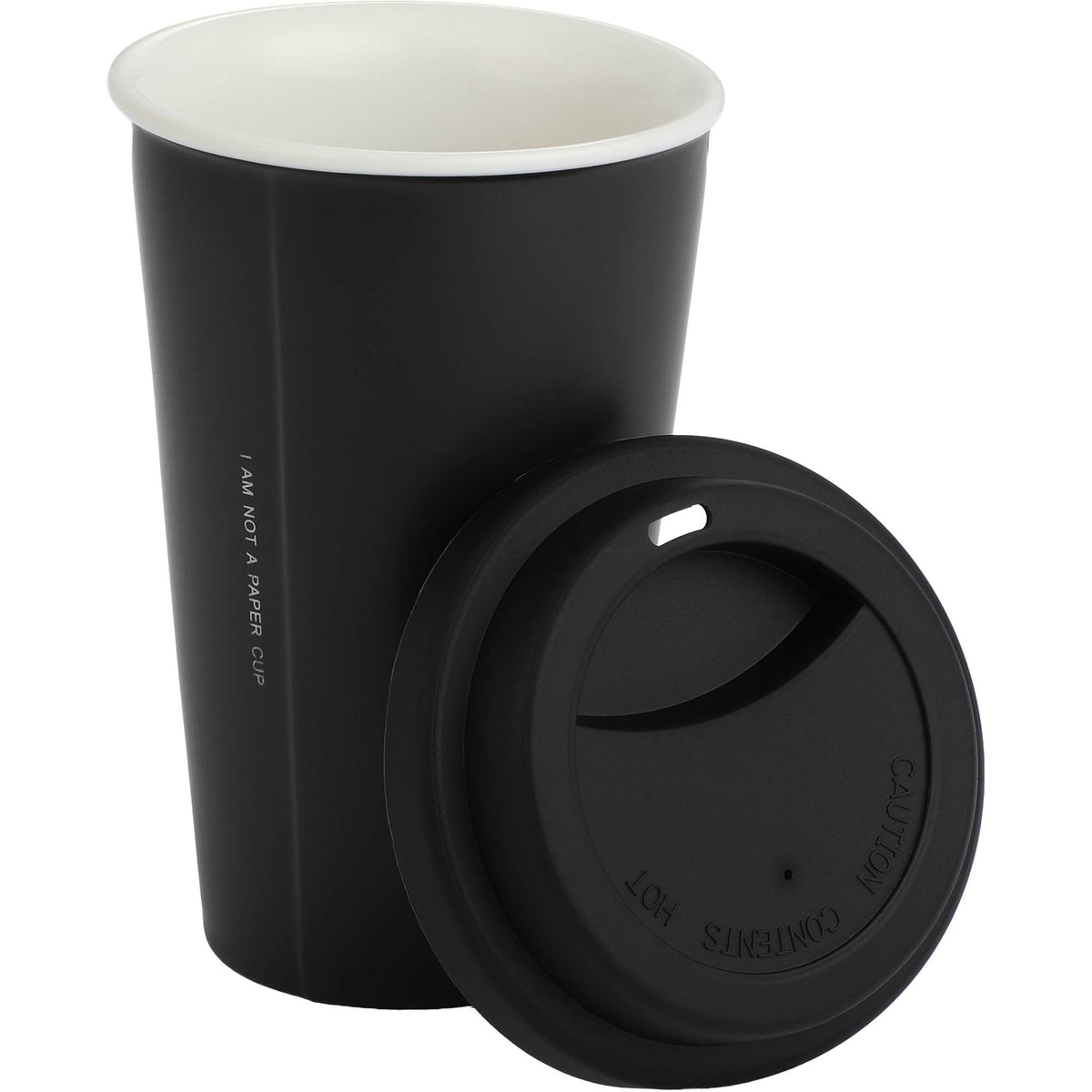 I'm Not a Paper Cup Ceramic Tumbler with Silicone Lid, 10 oz Laser Engraving - Black - Detail