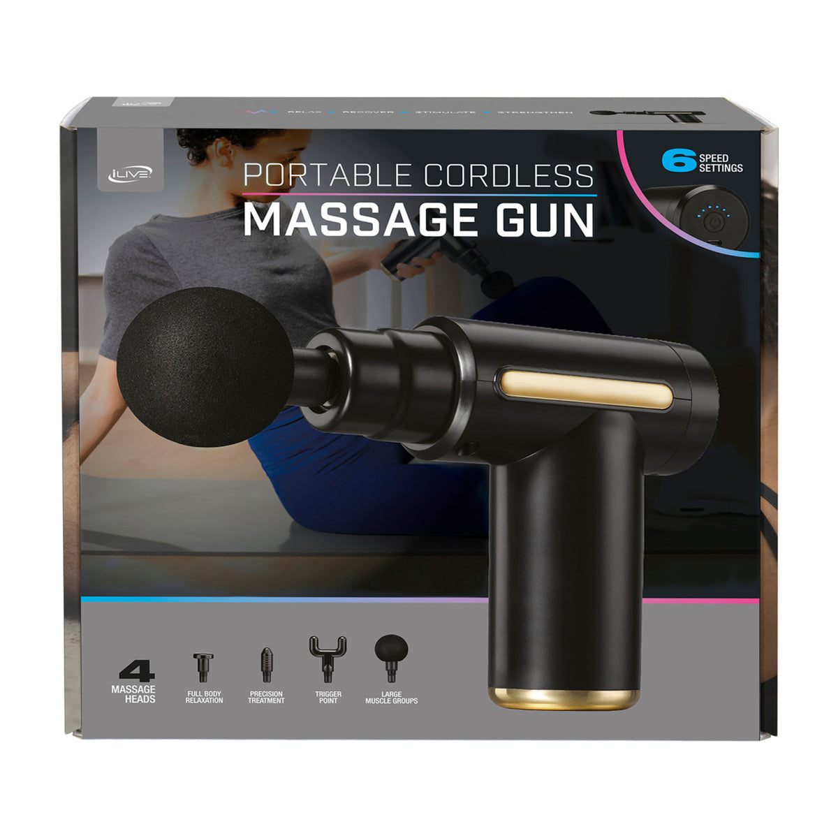 iLive Compact Cordless Massage Gun, 4 Heads - Black - View 7