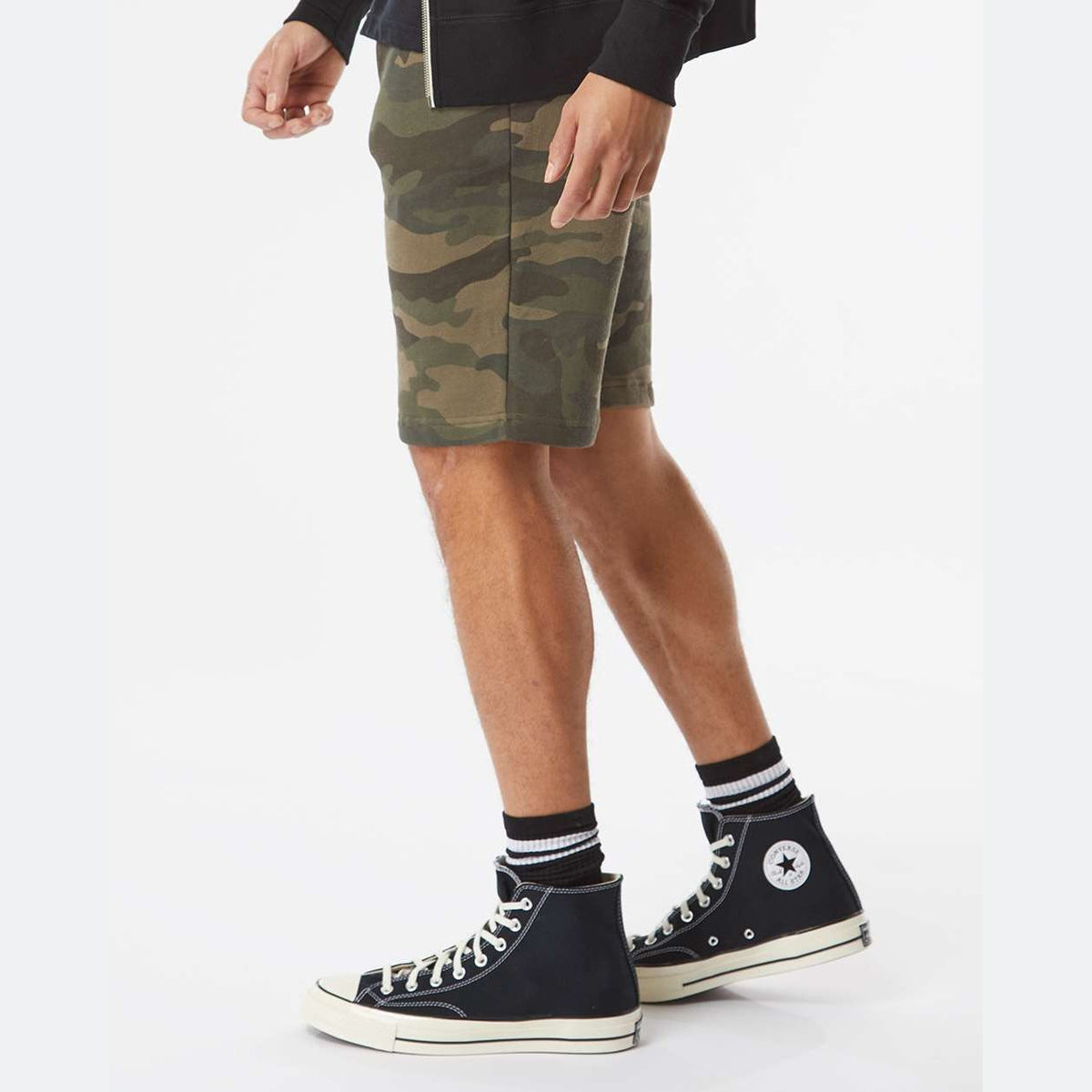 Independent Trading Co. Men's Midweight Fleece Shorts - Forest Camo - On Model Side