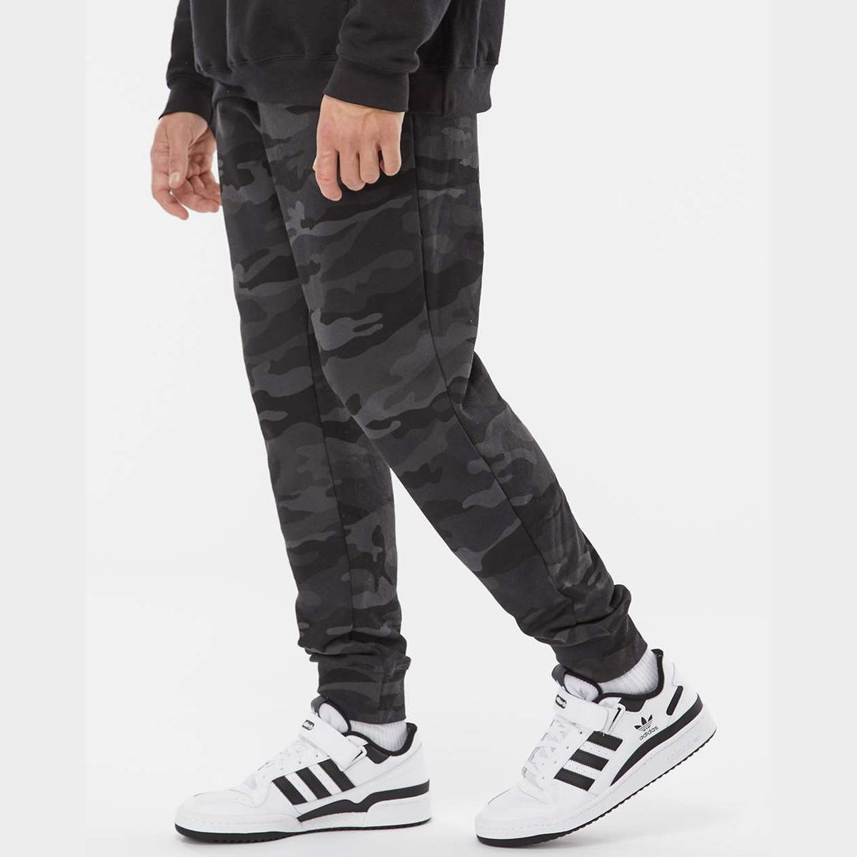 Independent Trading Co. Men's Midweight Fleece Sweatpants - Black Camo - On Model Side