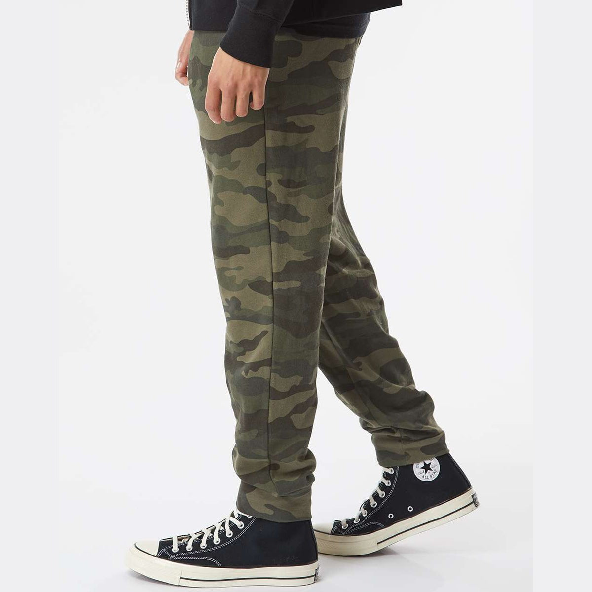 Independent Trading Co. Men's Midweight Fleece Sweatpants - Forest Camo - On Model Side