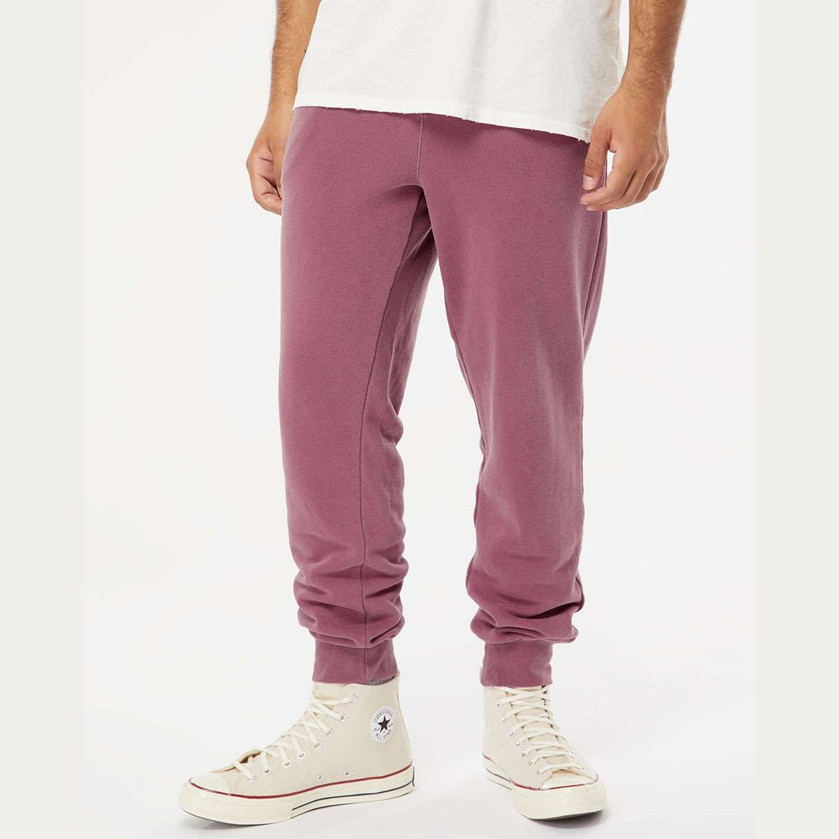 Independent Trading Co. Unisex Pigment-Dyed Fleece Sweatpants - Pigment Maroon - On Model Front
