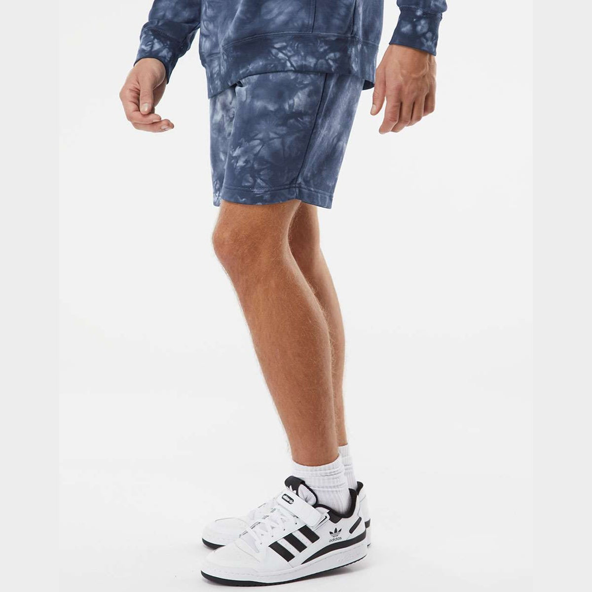 Independent Trading Co. Unisex Tie-Dyed Fleece Shorts - Tie Dye Navy - On Model Side