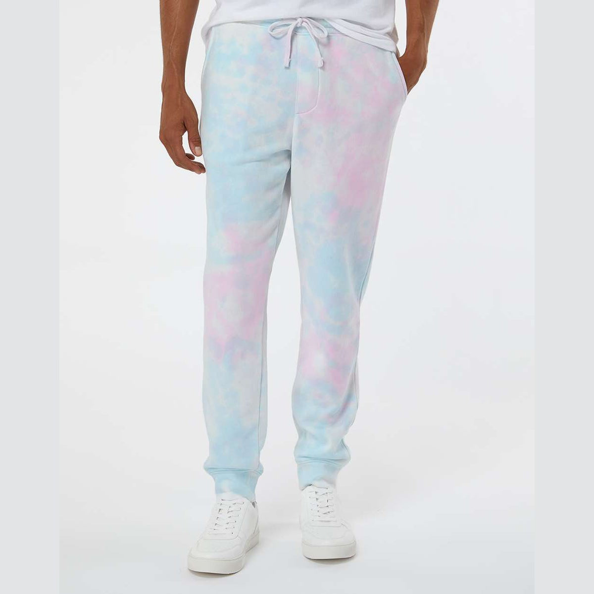 Independent Trading Co. Unisex Tie-Dyed Fleece Sweatpants - Tie Dye Cotton Candy - On Model Front
