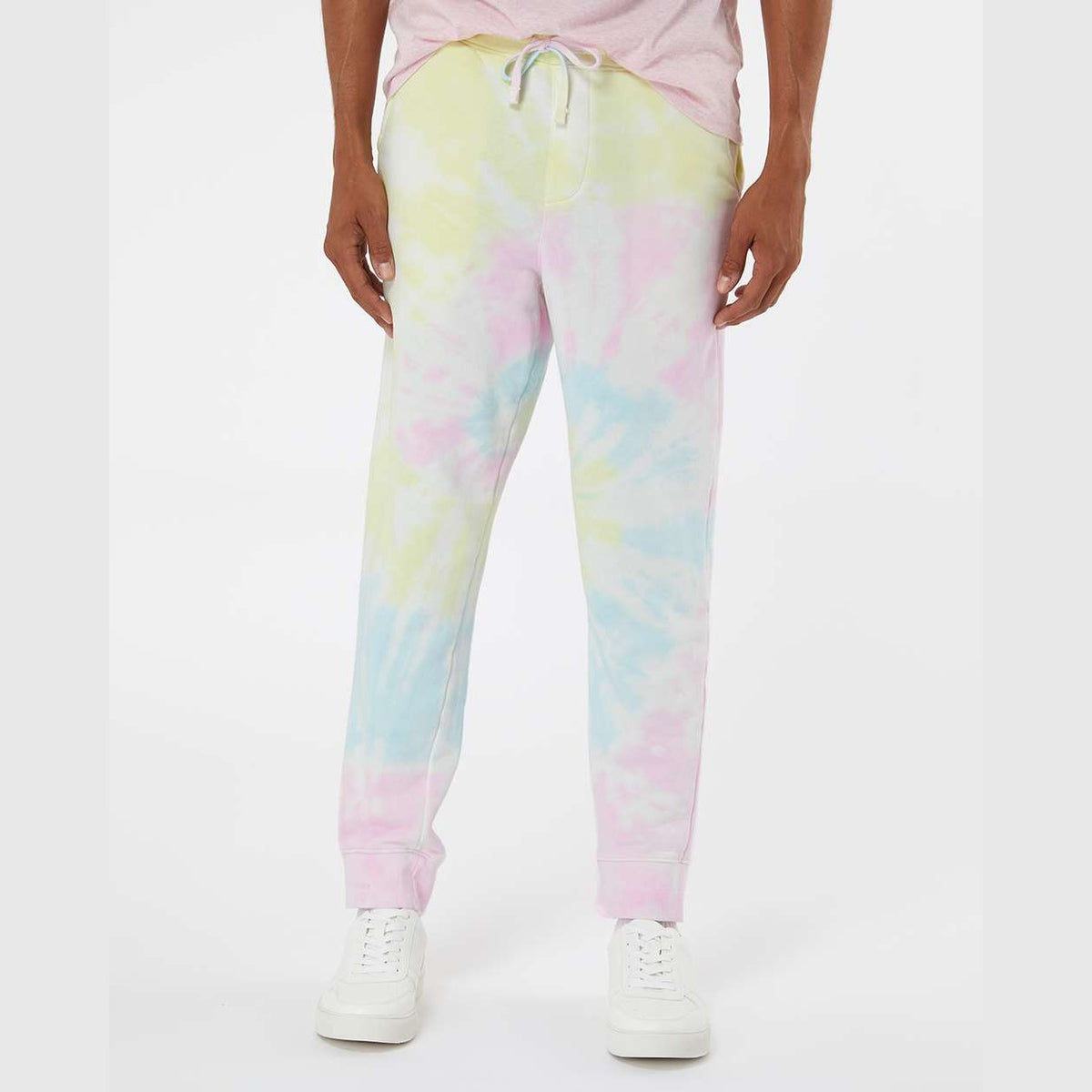 Independent Trading Co. Unisex Tie-Dyed Fleece Sweatpants - Tie Dye Sunset Swirl - On Model Front