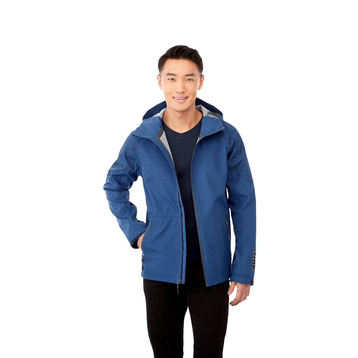 Index Waterproof Softshell Rain Jacket for Men Laser Engraving - New Royal - Front On Model