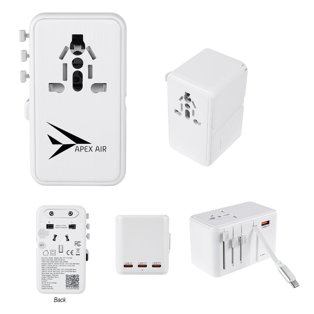 International Travel Adapter and Charging Cable, 35W Full Color - Silk Screen