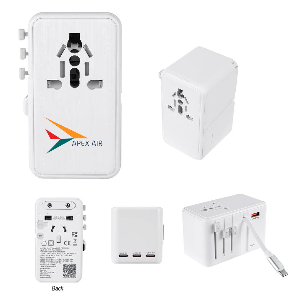 International Travel Adapter and Charging Cable, 35W - White - Full Color