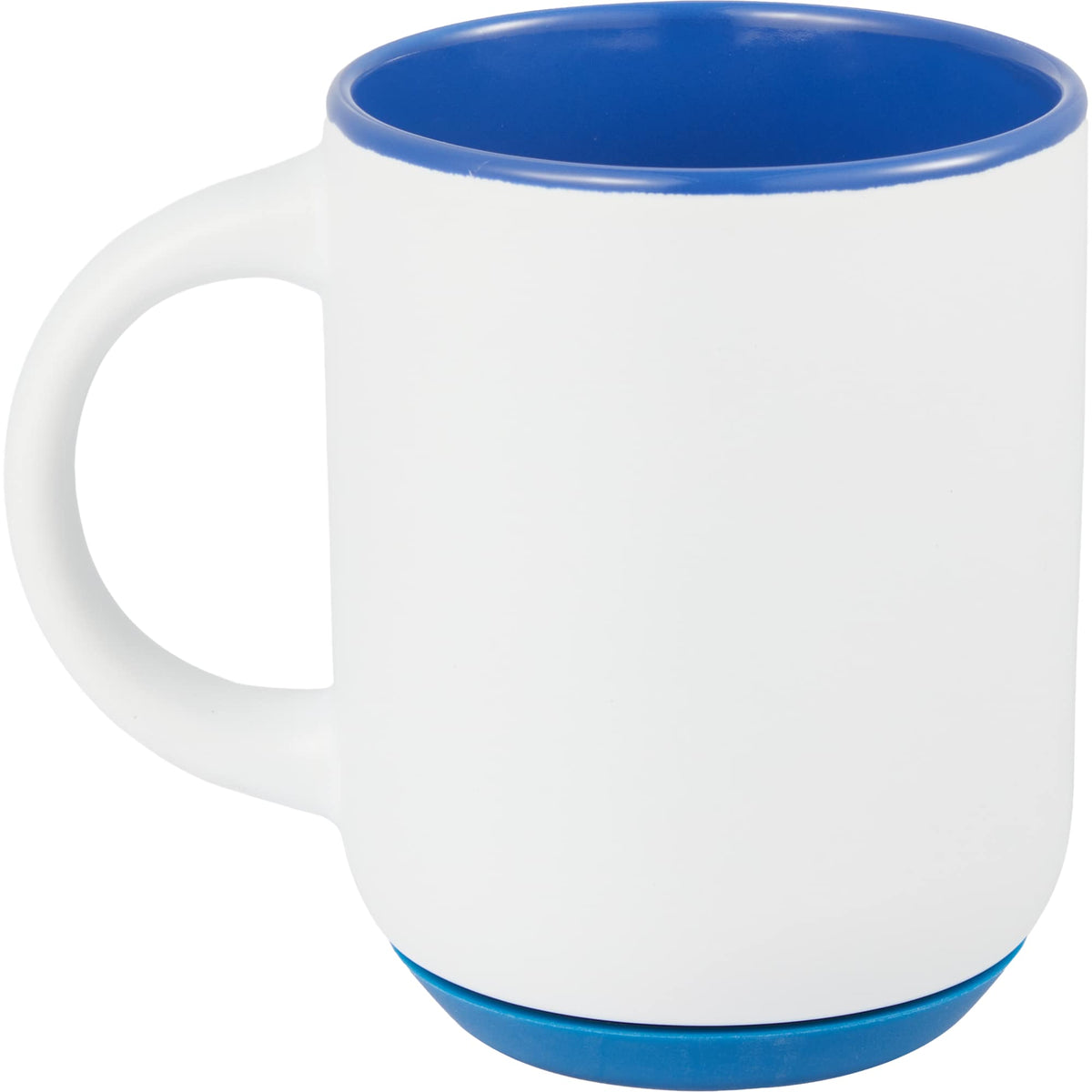 Isaac Ceramic Mug with Non-Slip Rubber Base, 14 oz - White/Blue - Back