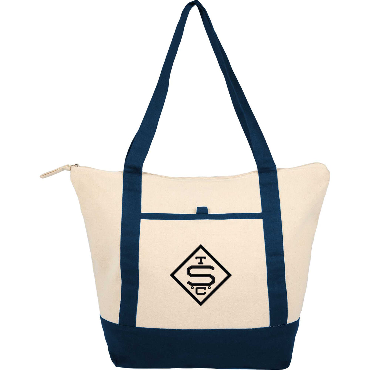 Isle Organic Cotton Zippered Tote, 8 oz - Natural/Navy - Front
