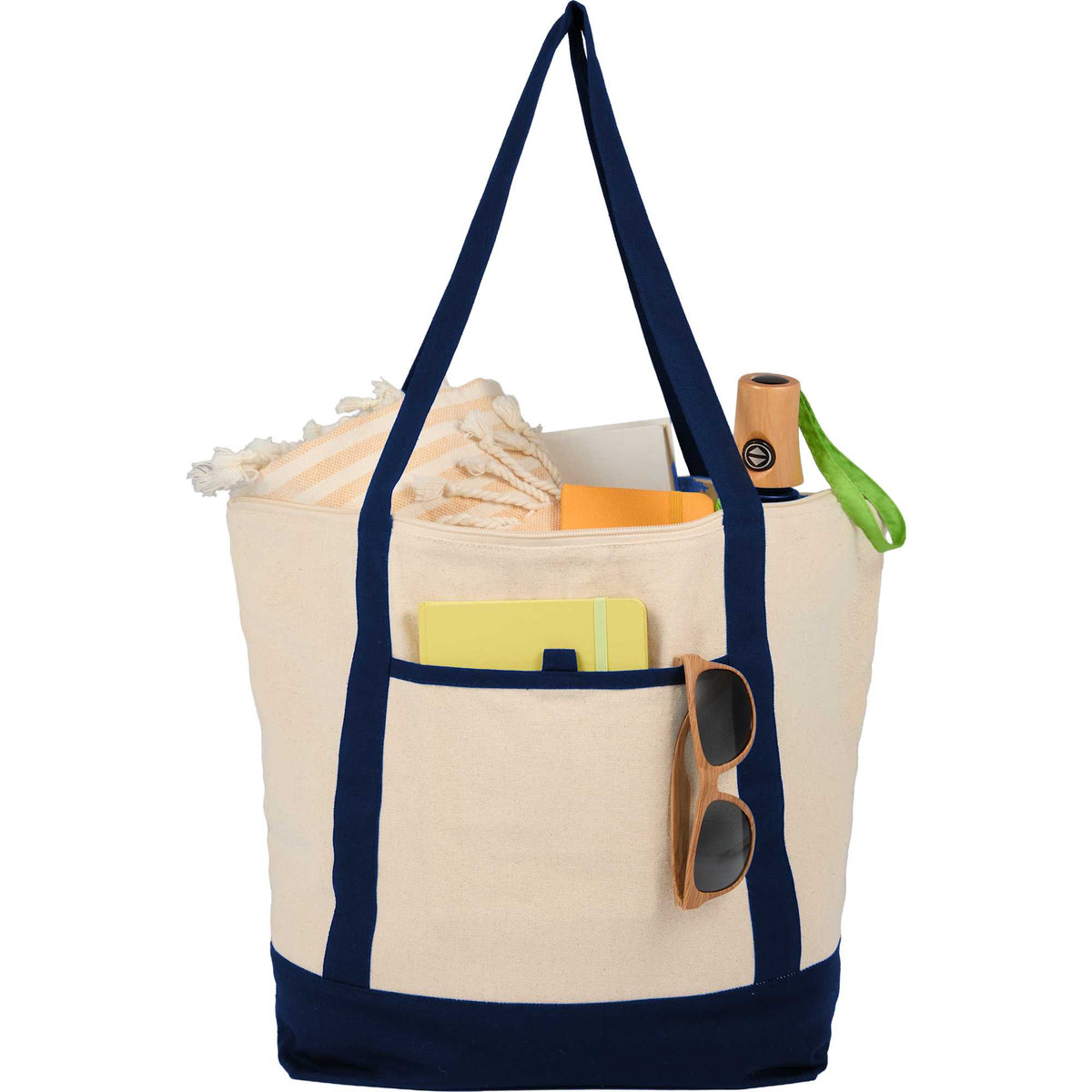 Isle Organic Cotton Zippered Tote, 8 oz - Natural/Navy - Propped