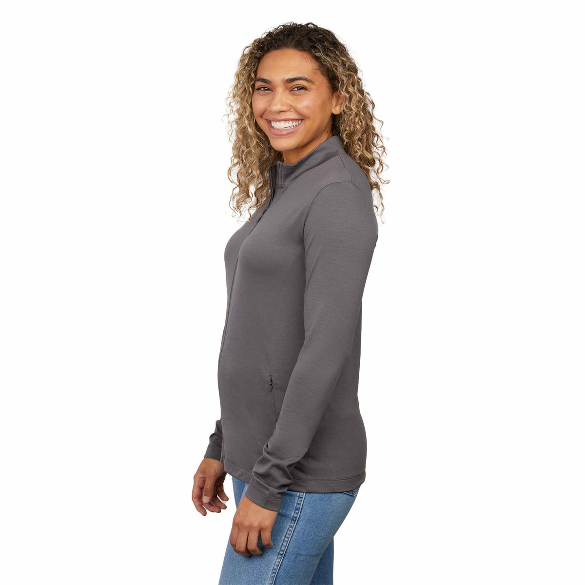 Izu Everything Eco Stretch Full Zip for Women Embroidery - Charcoal - Left Side On Model