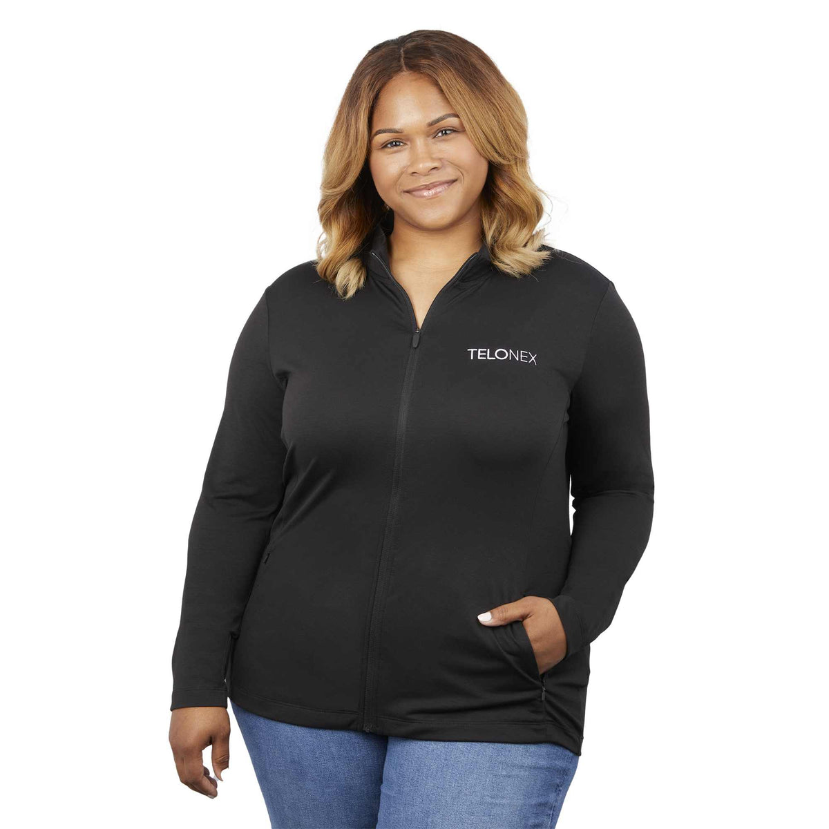 Izu Everything Eco Stretch Full Zip for Women Transfer - Black - Front On Model