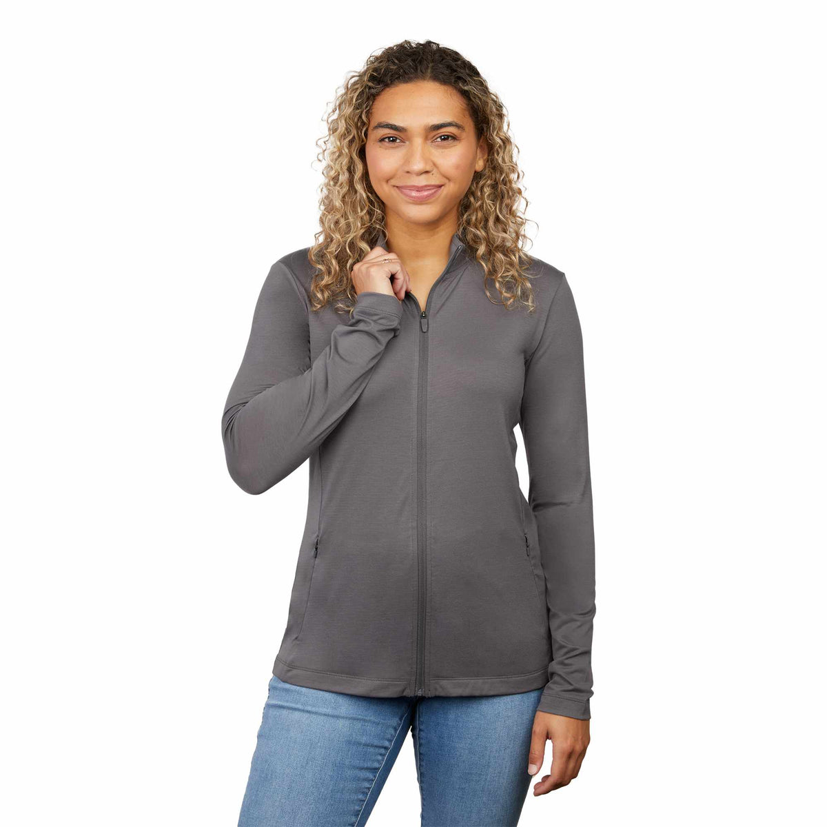 Izu Everything Eco Stretch Full Zip for Women Transfer - Charcoal - Front On Model
