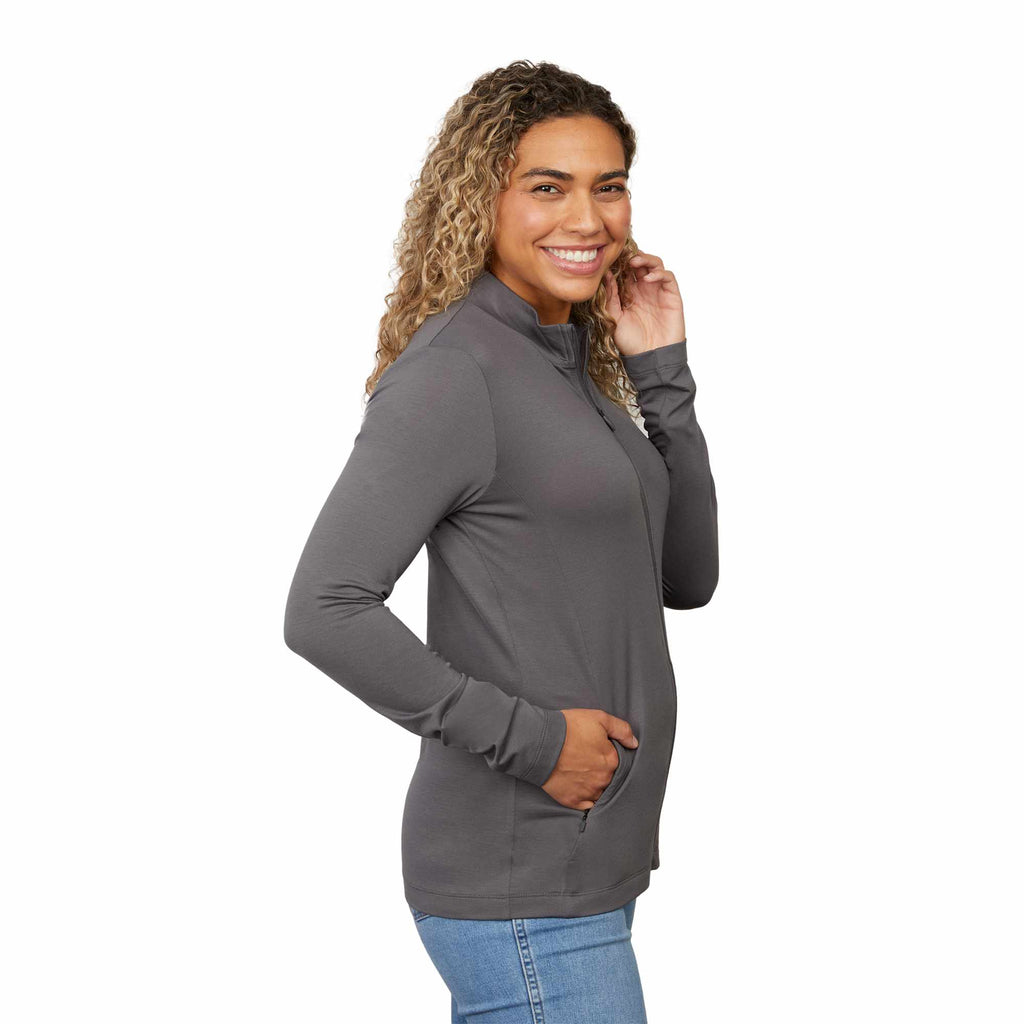 Izu Everything Eco Stretch Full Zip for Women Transfer - Charcoal - Right Side On Model