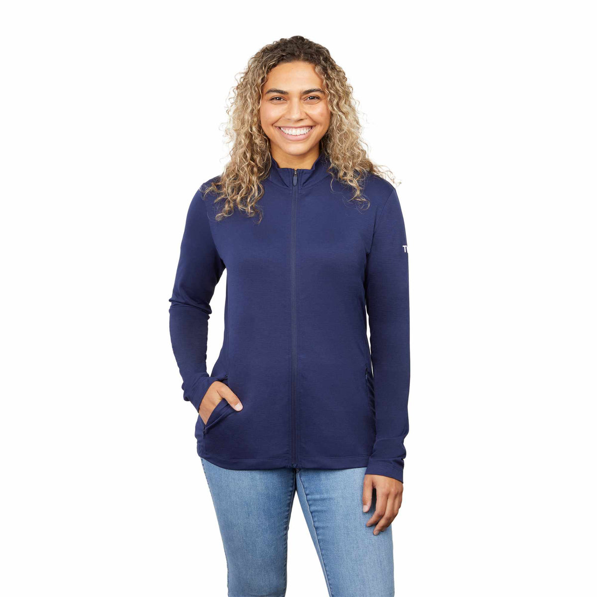 Izu Everything Eco Stretch Full Zip for Women Transfer - Vintage Navy - Front On Model