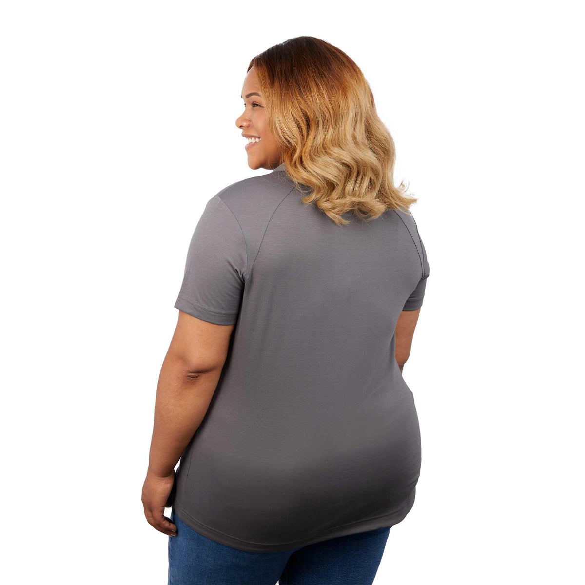 Izu Everything Eco Stretch Polo for Women Transfer - Charcoal - Back On Model