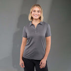 Izu Everything Eco Stretch Polo for Women Transfer - Charcoal - Front On Model 2
