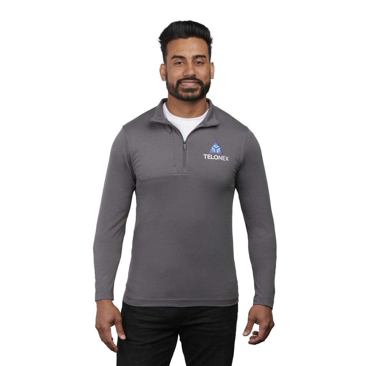 Izu Everything Eco Stretch Quarter Zip for Men Embroidery - Charcoal - Front On Model