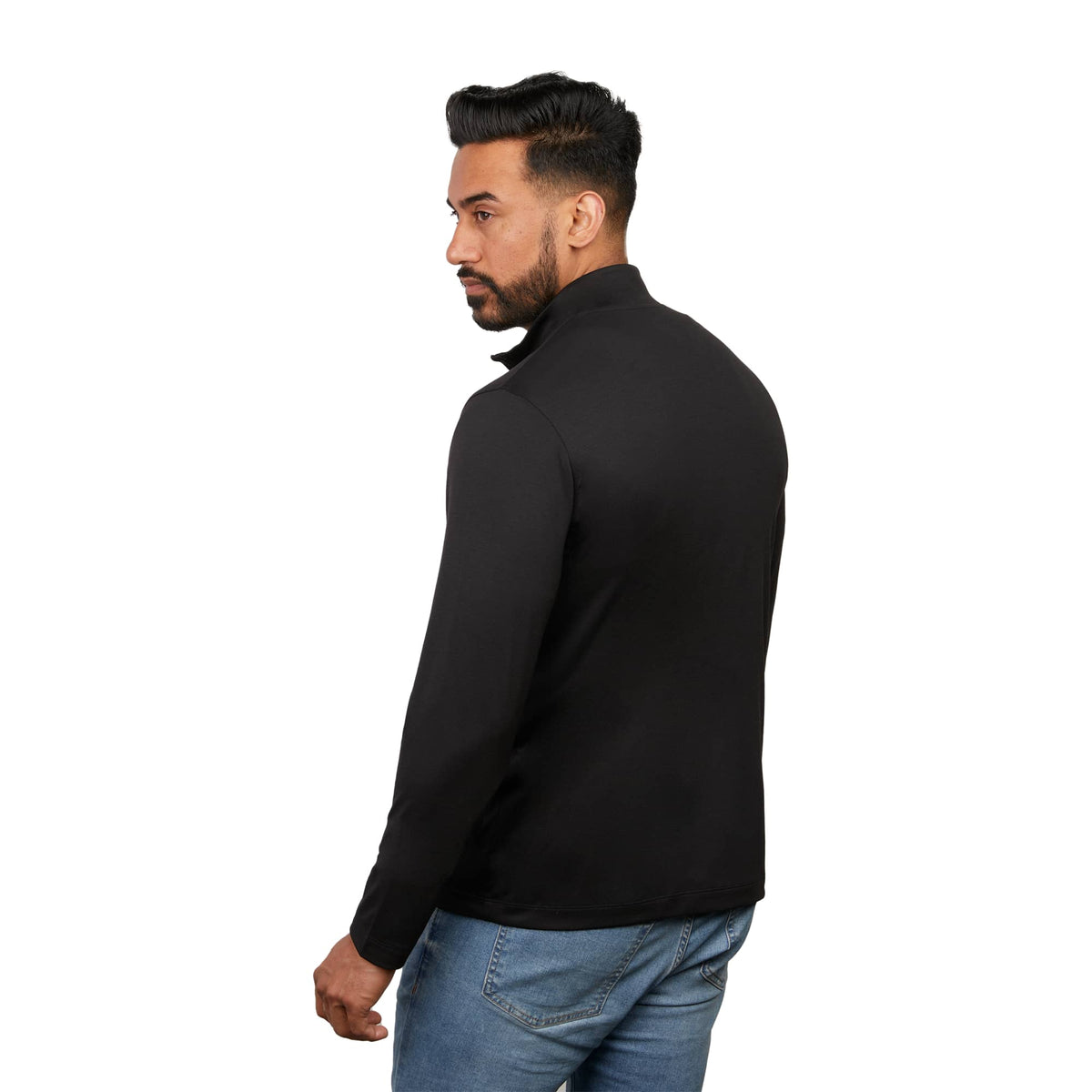 Izu Everything Eco Stretch Quarter Zip for Men Transfer - Black - Back On Model